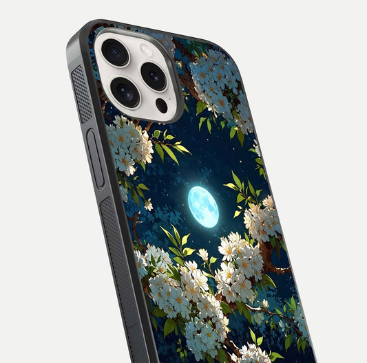 Moonlit Blossom Dream Glass Case for iPhone 15 Pro Max close-up angled shot showing glowing petals and reflection