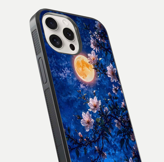 Moonlit Blossoms Night Glass Case for iPhone 15 Pro Max close-up angled shot showing petal glow and reflection detail