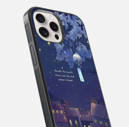 Moonlit Cat Silence Glass Case for iPhone 15 Pro Max close-up angled shot showing soft glow and reflection texture