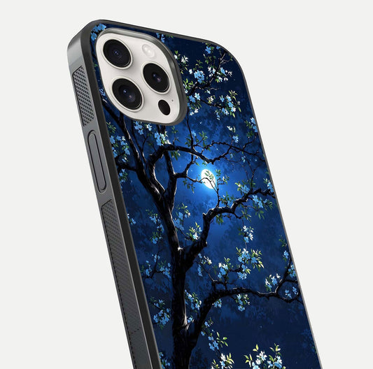 Mystic Floral Night Glass Case for iPhone 15 Pro Max close-up angled shot highlighting petal detail and HD reflection