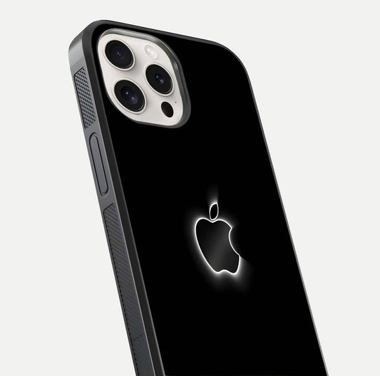 Neon Apple Glow Glass Case for iPhone 15 Pro Max close-up angled shot highlighting neon reflection and color pop
