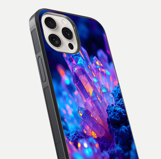 Neon Aura Shards Glass Case for iPhone 15 Pro Max close-up angled shot highlighting fragment pattern and reflection