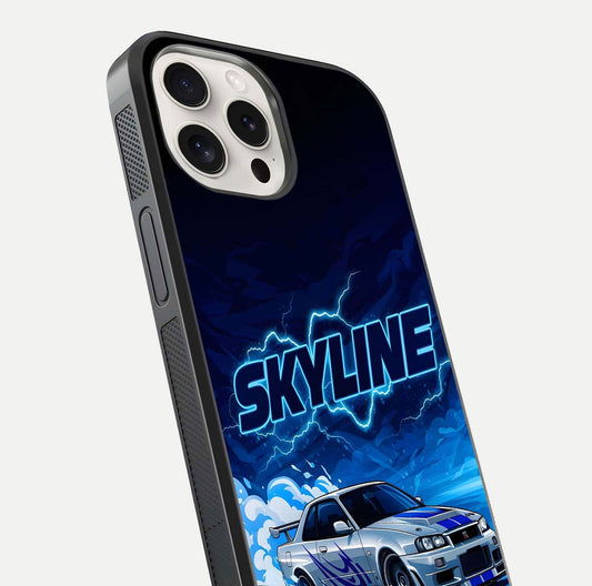 Neon Drift Beast Glass Case for iPhone 15 Pro Max close-up angled shot highlighting glowing streaks and vivid reflection