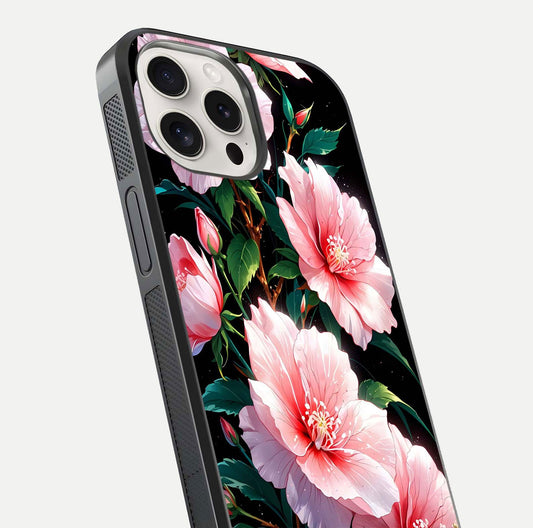 Peach Flower Glass Case for iPhone 15 Pro Max close-up angled shot highlighting floral petals and HD glass reflection