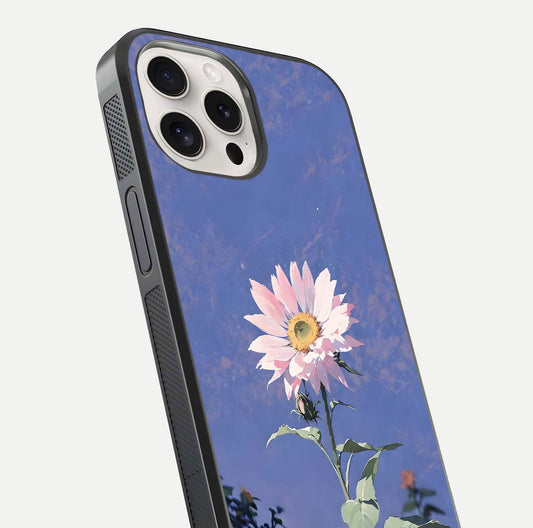 Pink Sunflower Glow Glass Case for iPhone 15 Pro Max close-up angled shot highlighting petal texture and reflection