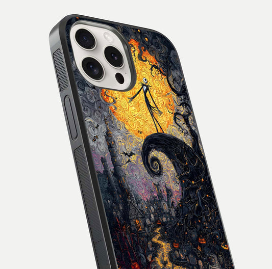 Pumpkin Moon Night Glass Case for iPhone 15 Pro Max close-up angled shot showing moon reflection and Halloween glow