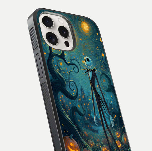 Pumpkin Moonlight Tale Glass Case for iPhone 15 Pro Max close-up angled shot highlighting reflection and vibrant glow