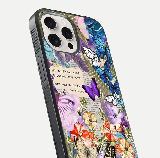 Storm Path Bloom Glass Case for iPhone 15 Pro Max close-up angled shot highlighting bloom texture and reflection