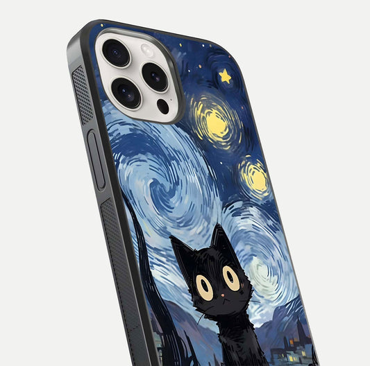 Van Gogh Cat Glass Case for iPhone 15 Pro Max close-up angled shot highlighting brushstroke texture and reflection