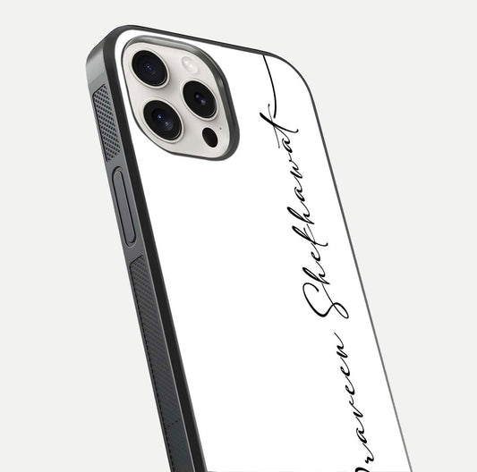White Tune Custom Name Glass Case for iPhone 15 Pro Max close-up angled shot highlighting gloss reflection and texture