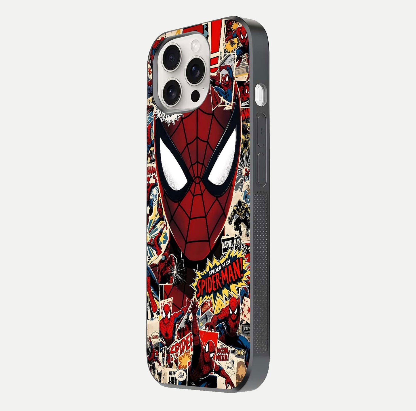 Aesthetic Wonder Spider Glass Case for iPhone 15 Pro Max side-angle shot showing red-blue tones and durable protective frame