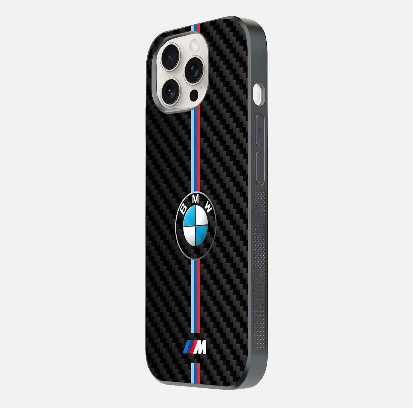 BMW Pattern Glass Case for iPhone 15 Pro Max side-angle image showing edge finish and luxury car-inspired shine