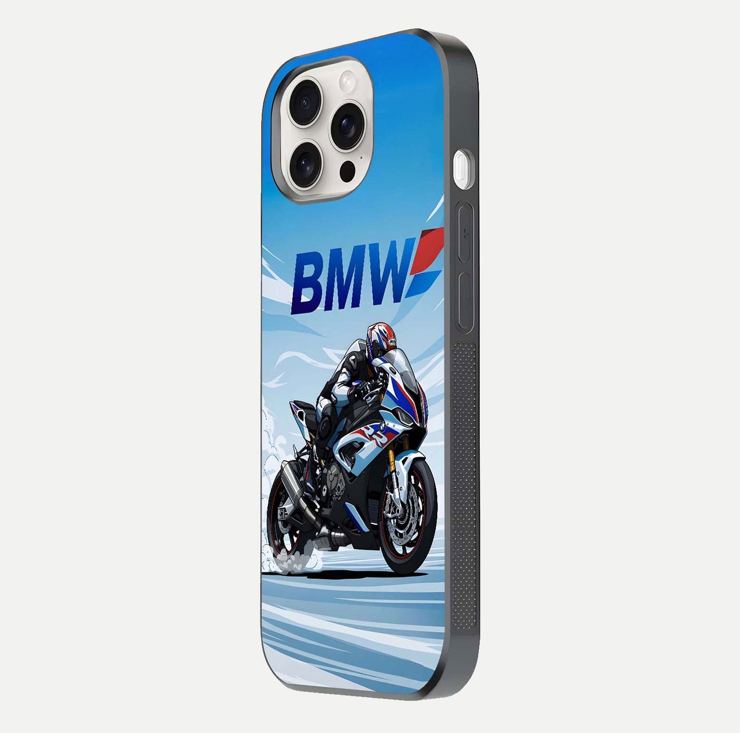 BMW Power Drift Glass Case for iPhone 15 Pro Max side-angle image emphasizing smooth finish and detailed design
