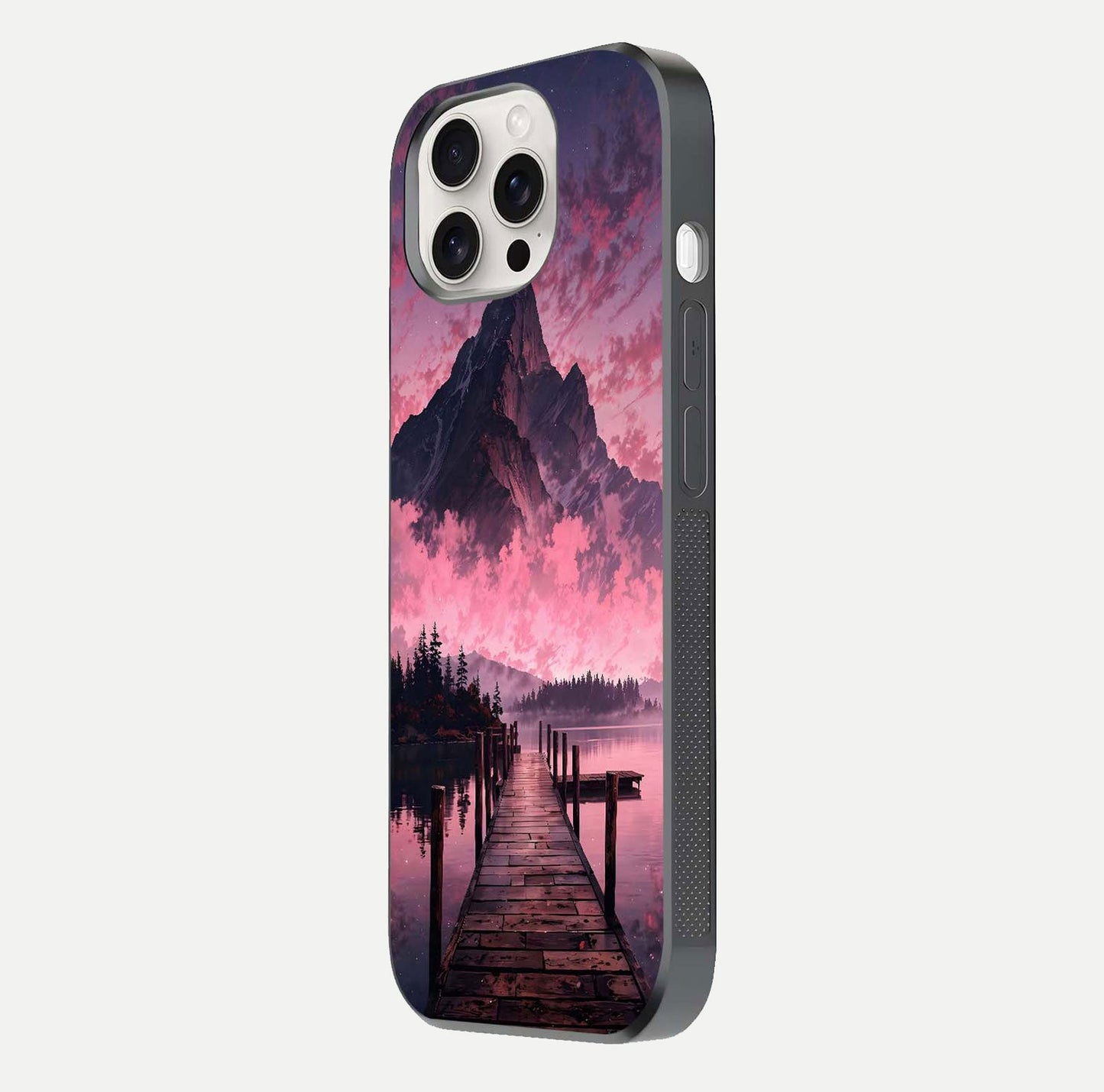 Beautyful Mountain View Glass Case for iPhone 15 Pro Max side-angle image displaying mountain artwork and gloss surface