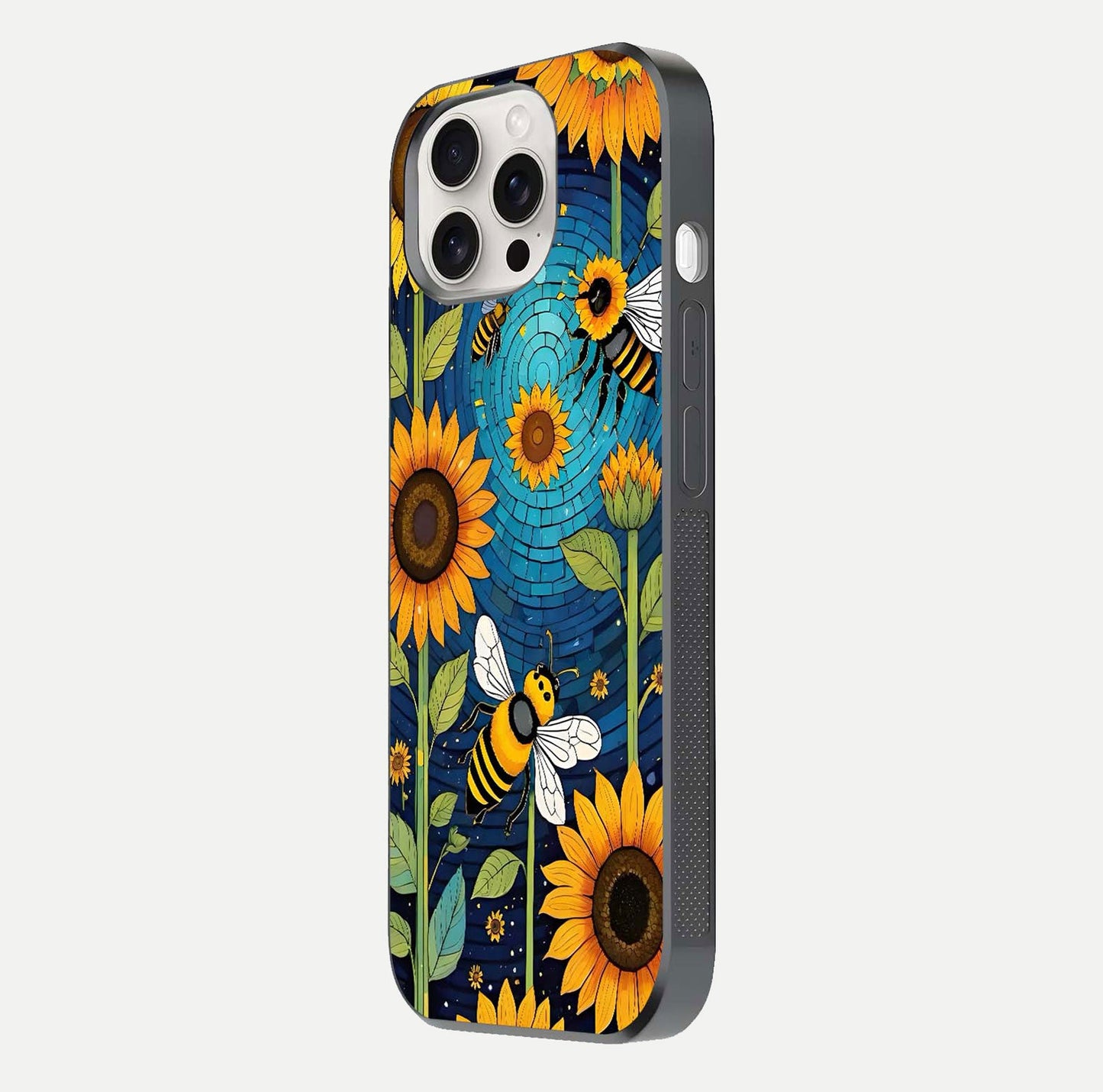 Bees & Sunflowers Glass Case for iPhone 15 Pro Max side-angle image showing bee pattern alignment and shiny protective surface