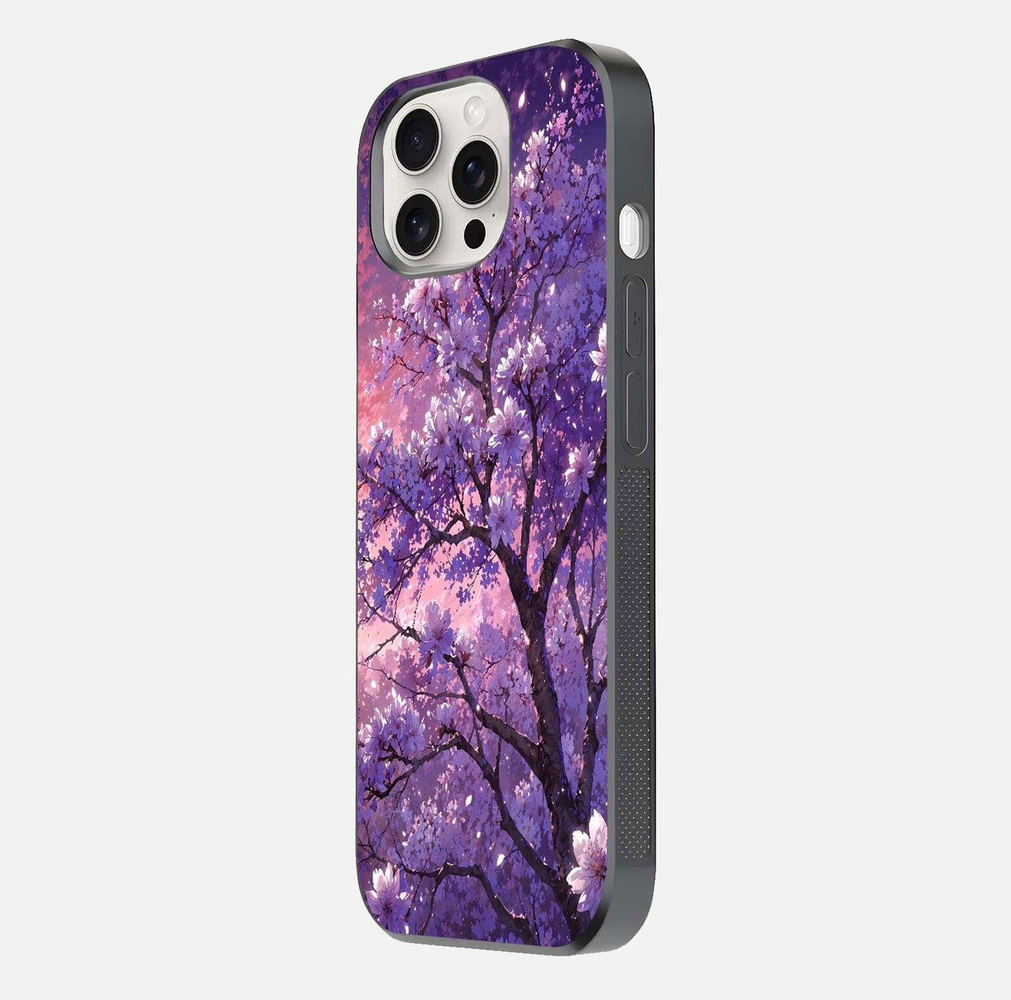 Blossom Tree Glass Case for iPhone 15 Pro Max side-angle image showing floral tree artwork and reflection gloss