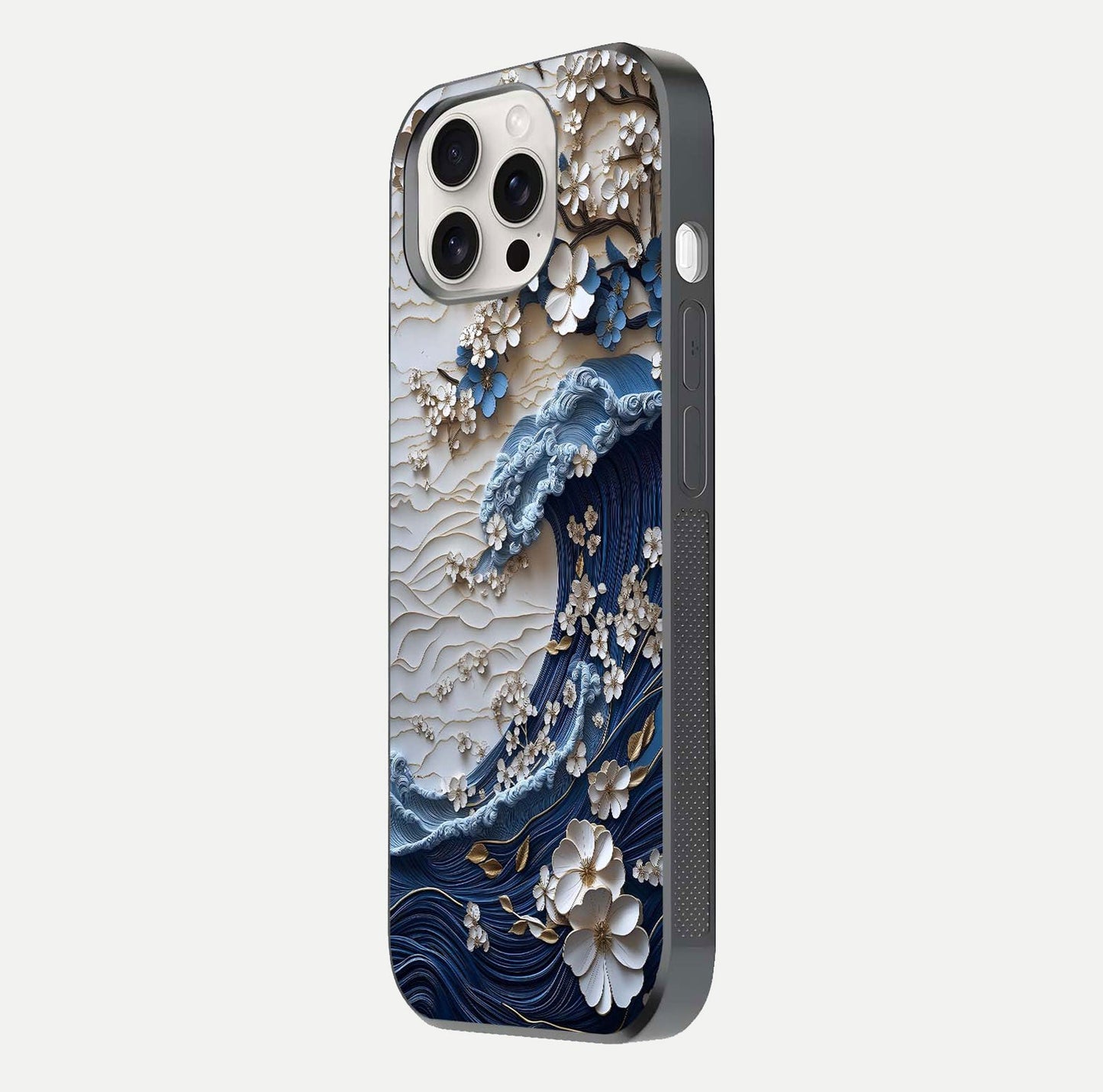 Blossom Wave Art Glass Case for iPhone 15 Pro Max side-angle view showing wave-flow print and gloss edge finish