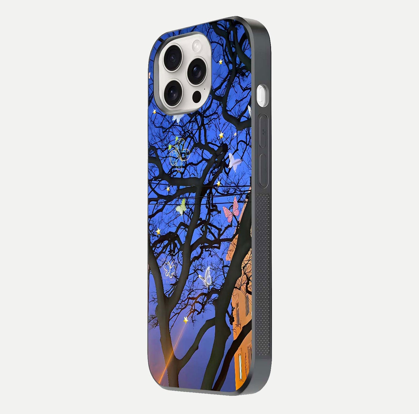 Butterfly Night Magic Glass Case for iPhone 15 Pro Max side-angle view capturing butterfly contrast and glossy depth