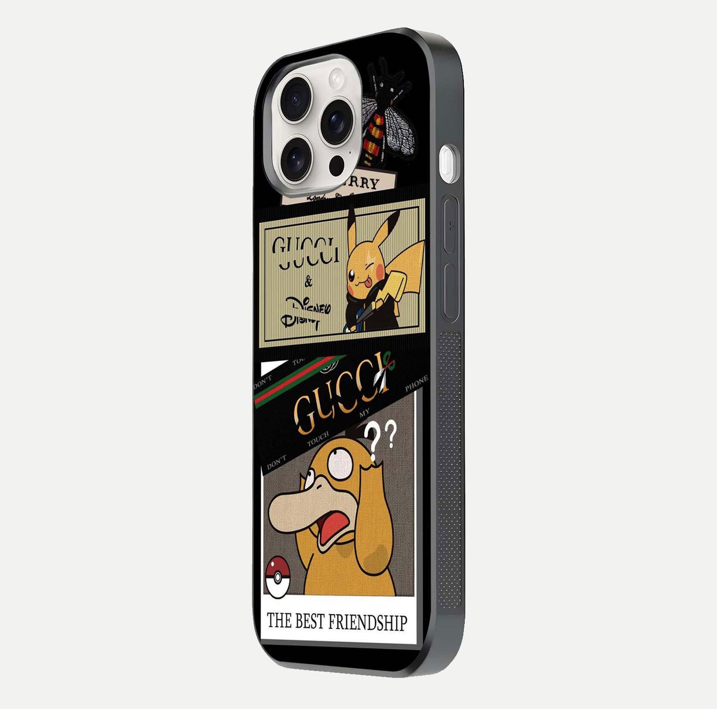 Cartoon Brand Play Mashup Glass Case for iPhone 15 Pro Max side-angle image showing reflection brightness and fun graphic mix