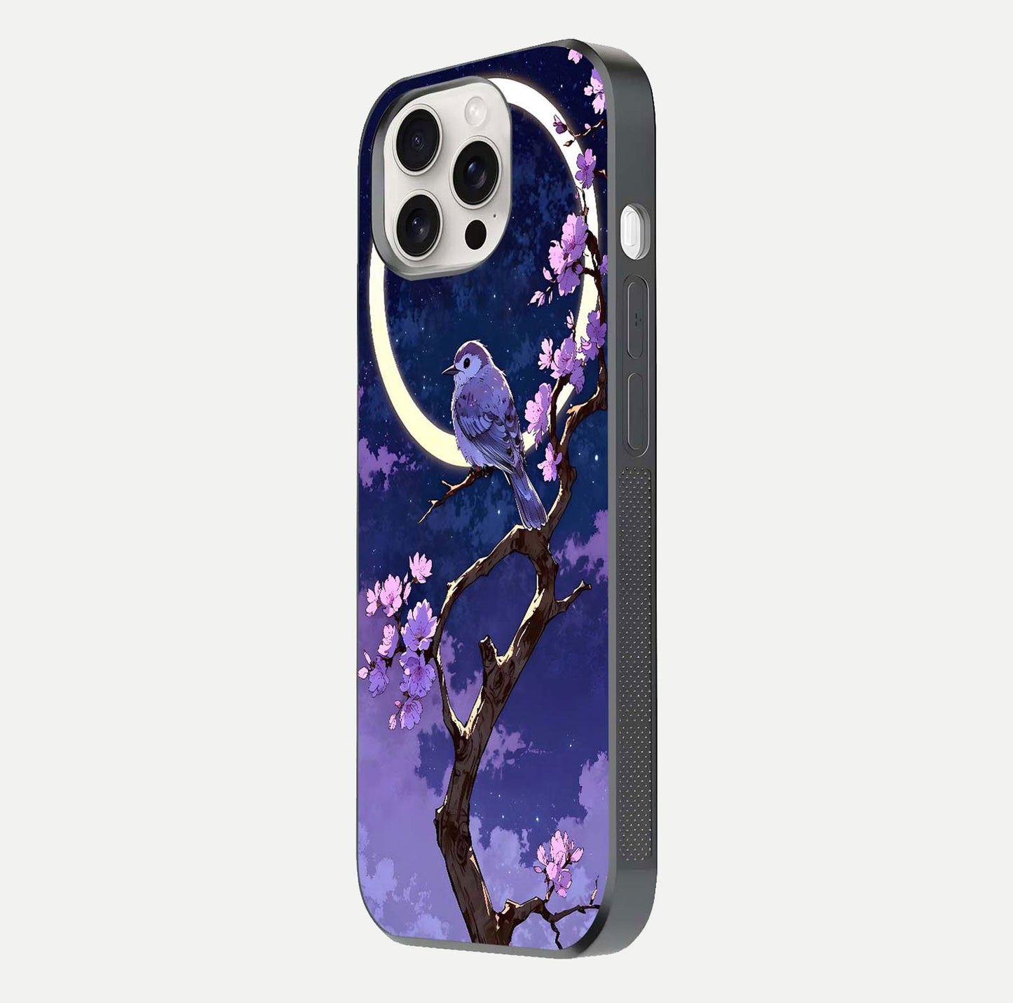 Celestial Bird Blossom Glass Case for iPhone 15 Pro Max side-angle image showing detailed wings and glossy polish