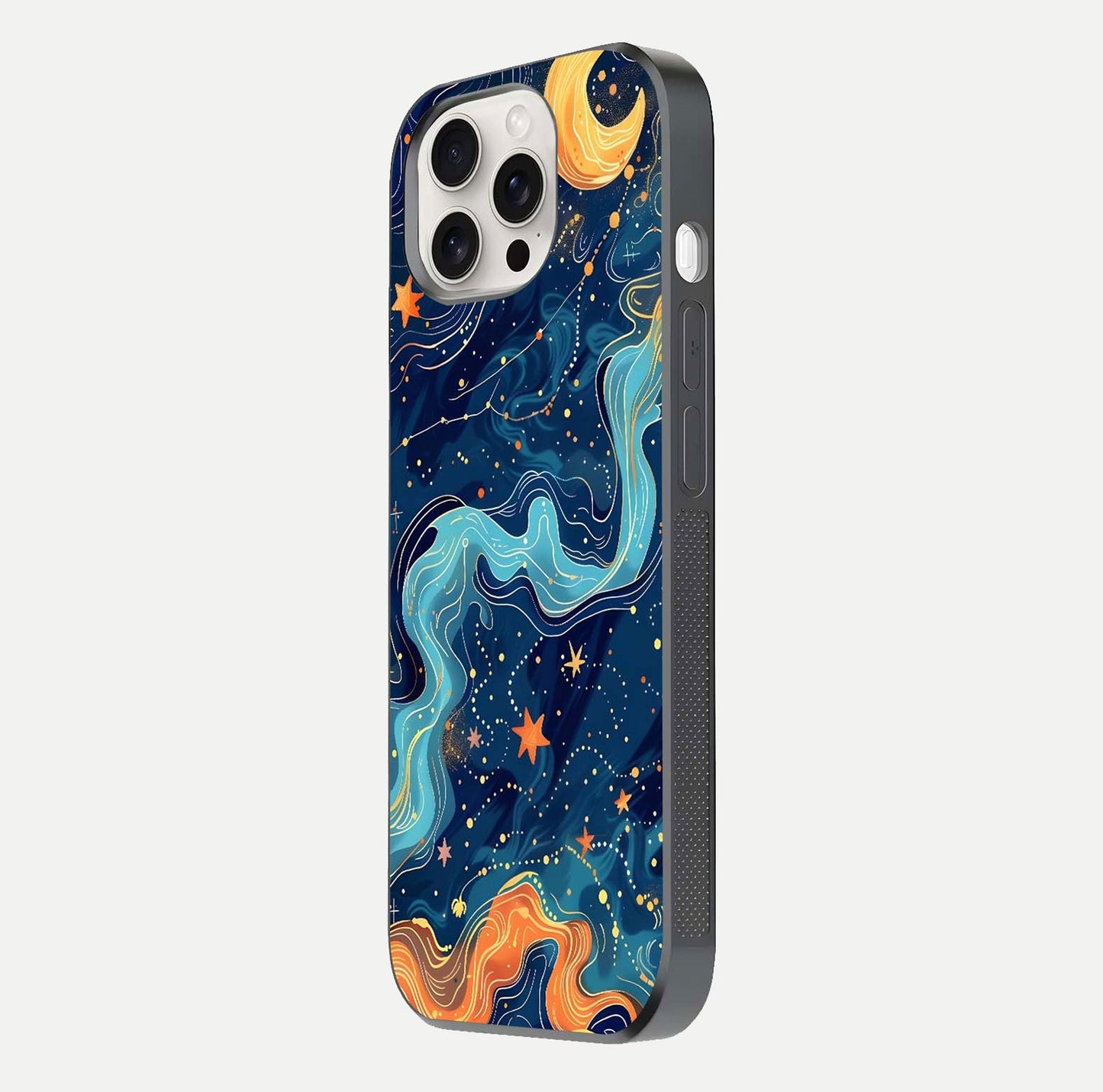 Celestial Dream Flow Glass Case for iPhone 15 Pro Max side-angle image capturing color swirl and glass reflection