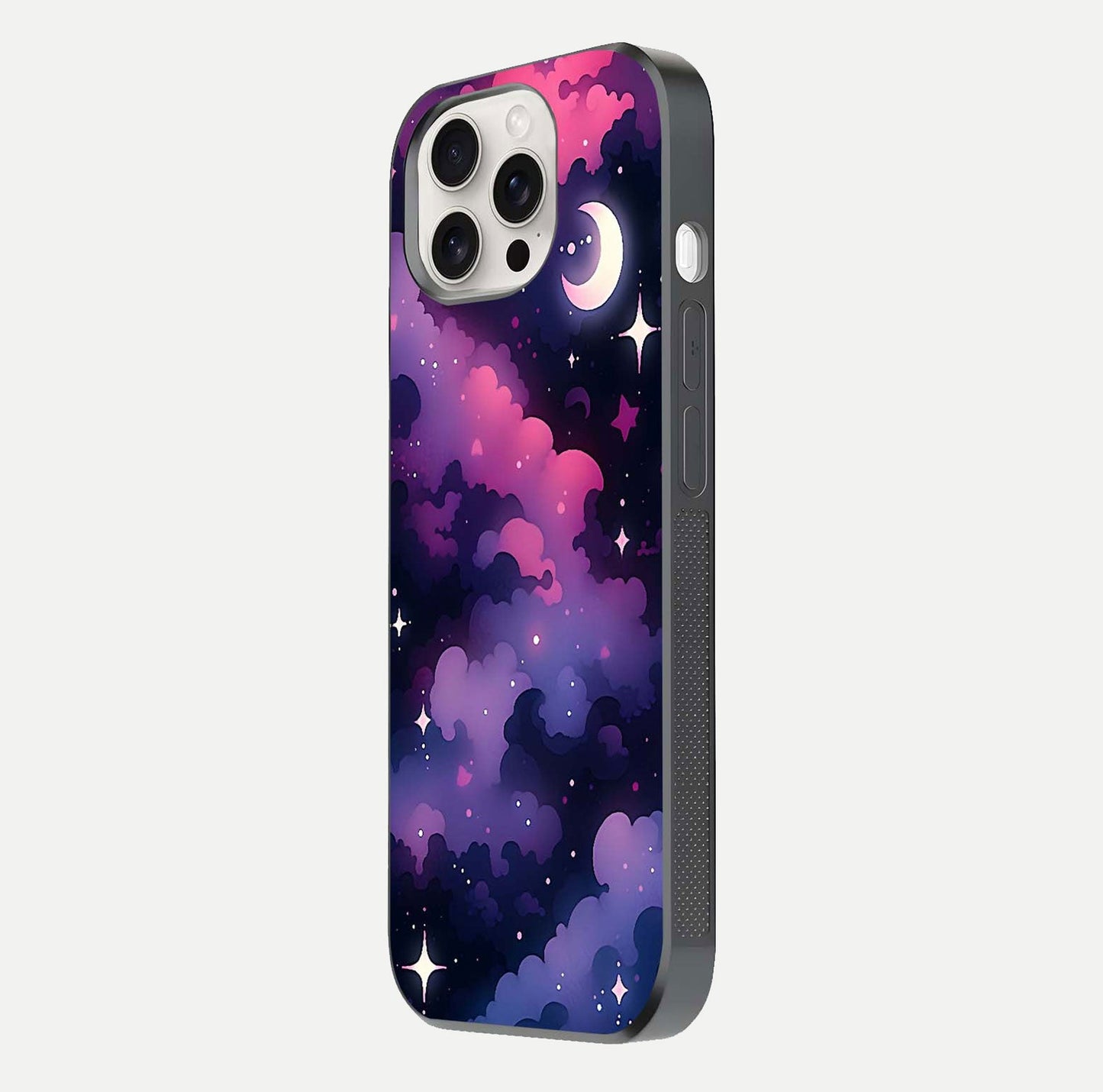 Celestial Moon Magic Glass Case for iPhone 15 Pro Max side-angle shot capturing soft reflection and curved gloss