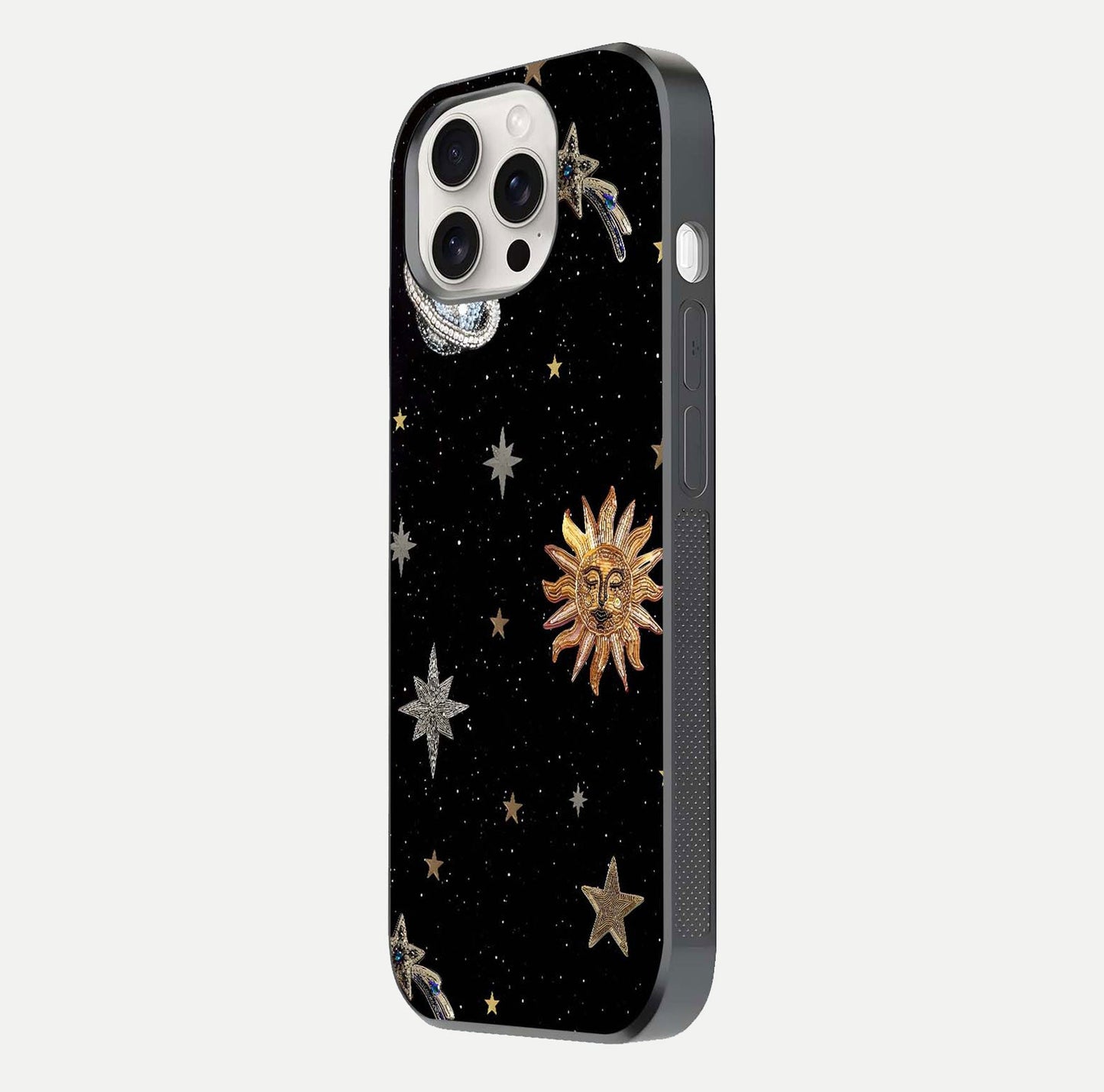 Celestial Moon With Stars Glass Case for iPhone 15 Pro Max side-angle view showing curved edges and shimmer glow