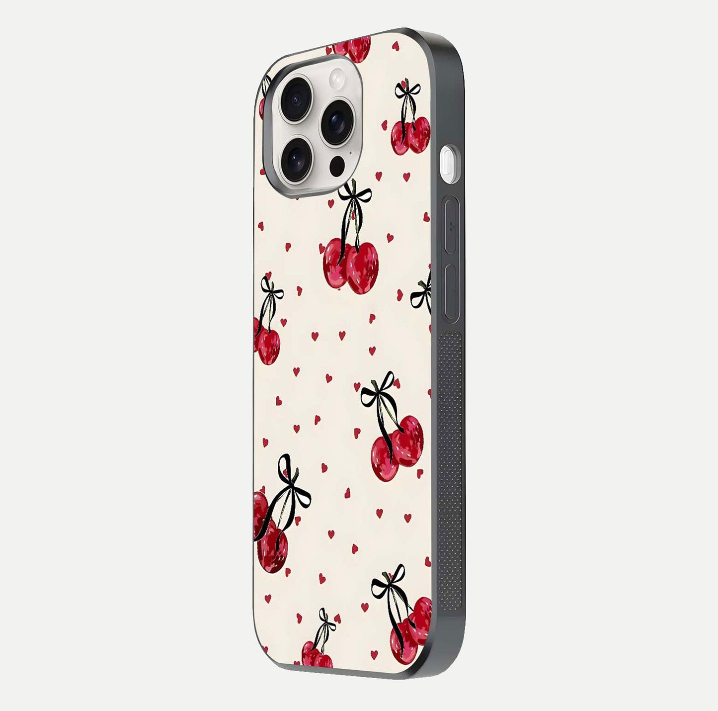 Cherry Heart Bow Glass Case for iPhone 15 Pro Max side-angle image capturing gloss texture and charm bow art