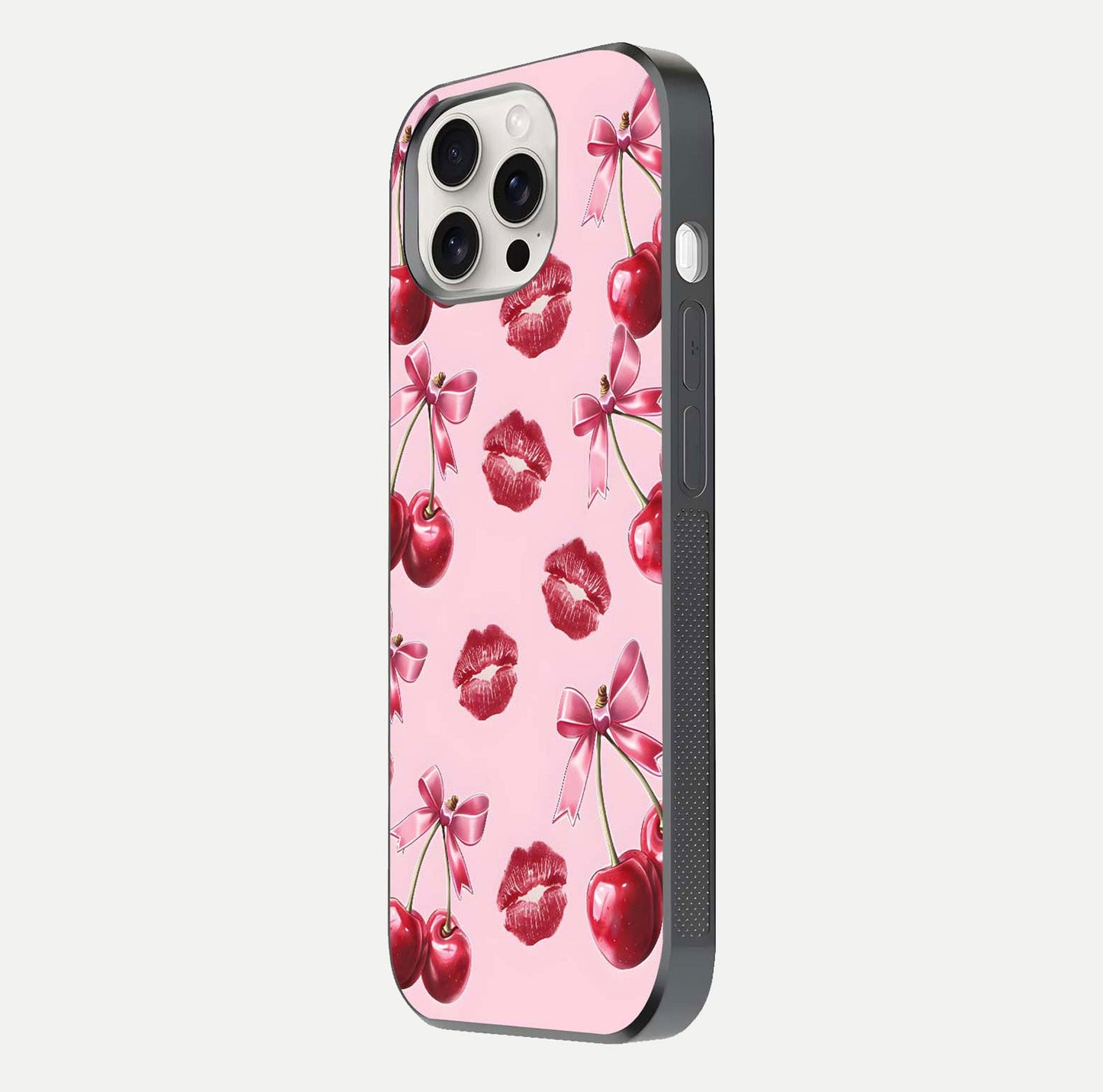 Cherry With Lips Glass Case for iPhone 15 Pro Max side-angle image showing gloss reflection and fine details