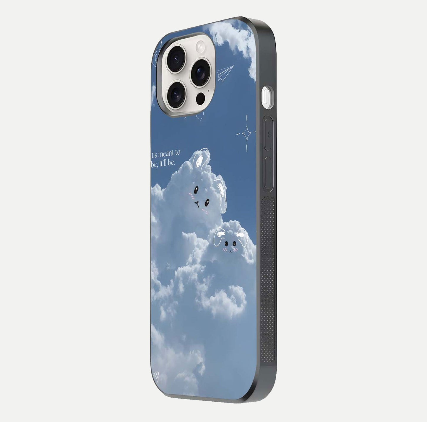 Cloud Bunny Dreams Glass Case for iPhone 15 Pro Max side-angle image capturing gloss texture and edge glow