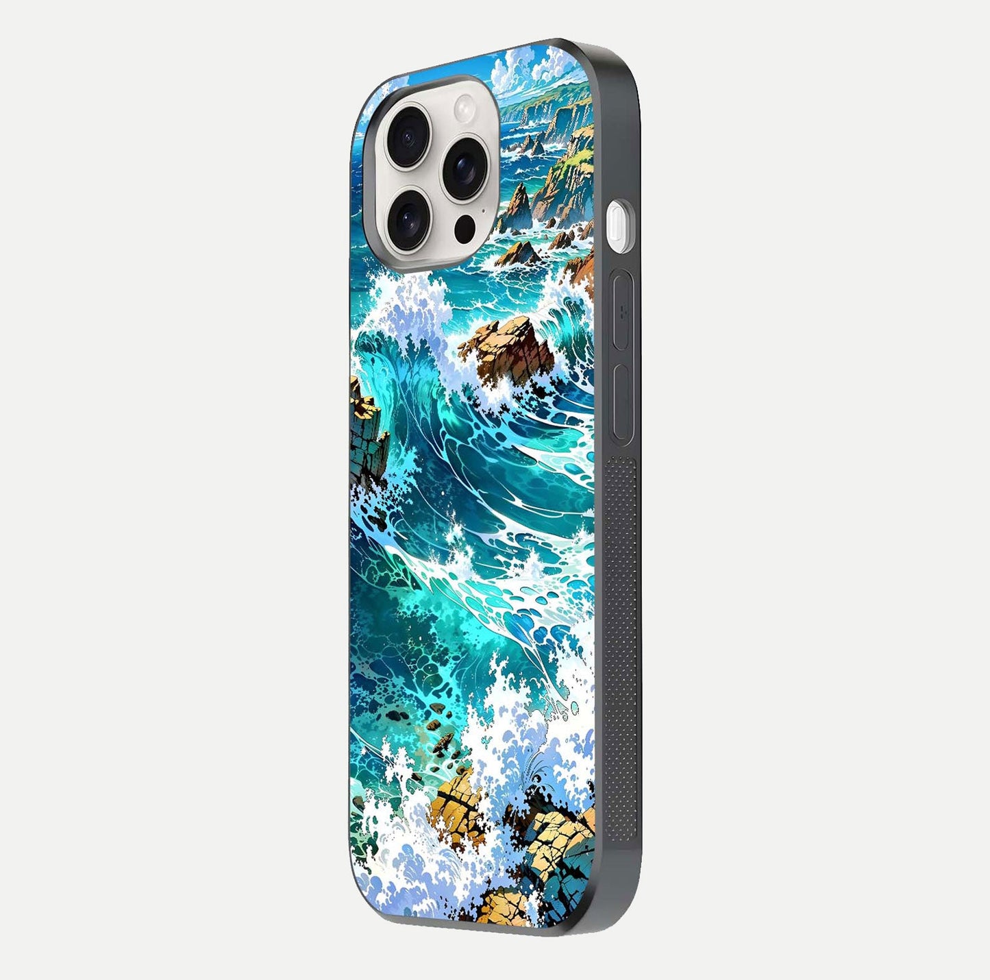 Coastal Blue Waves Glass Case for iPhone 15 Pro Max side-angle photo showing gloss texture and color depth