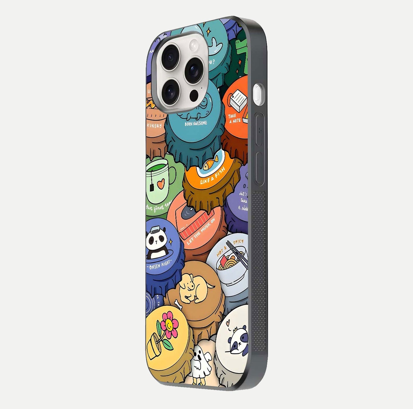 Coins Patterns Glass Case for iPhone 15 Pro Max side-angle photo capturing shine finish and curve glow