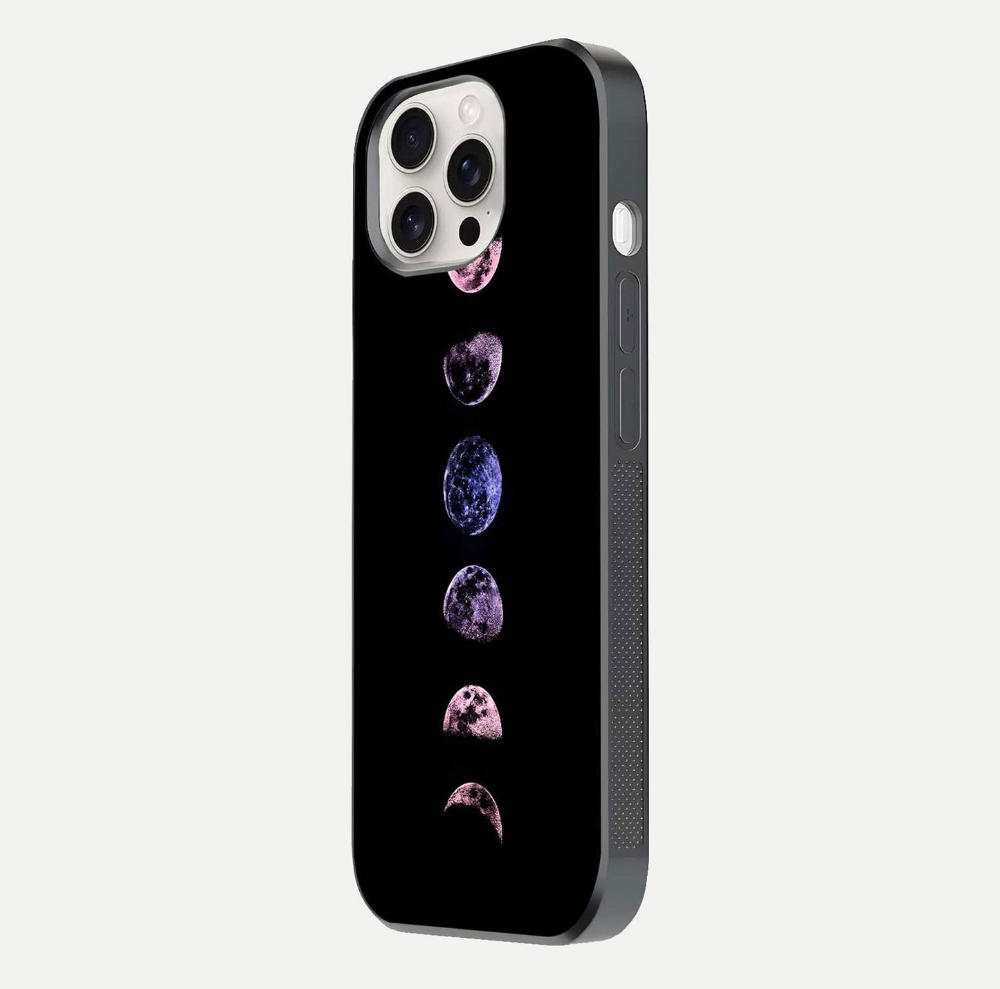 Crimson All Planets Glass Case for iPhone 15 Pro Max side-angle photo capturing edge glow and glass reflection