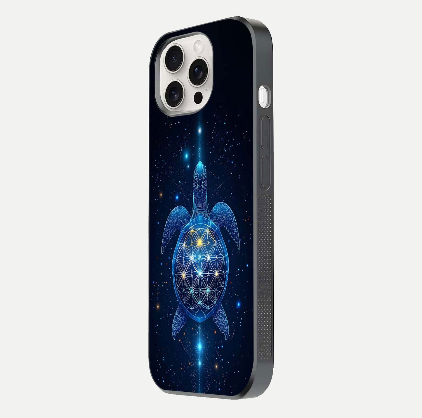 Crimson Blue Turtle Glass Case for iPhone 15 Pro Max side-angle photo showing curved edge and glass gloss