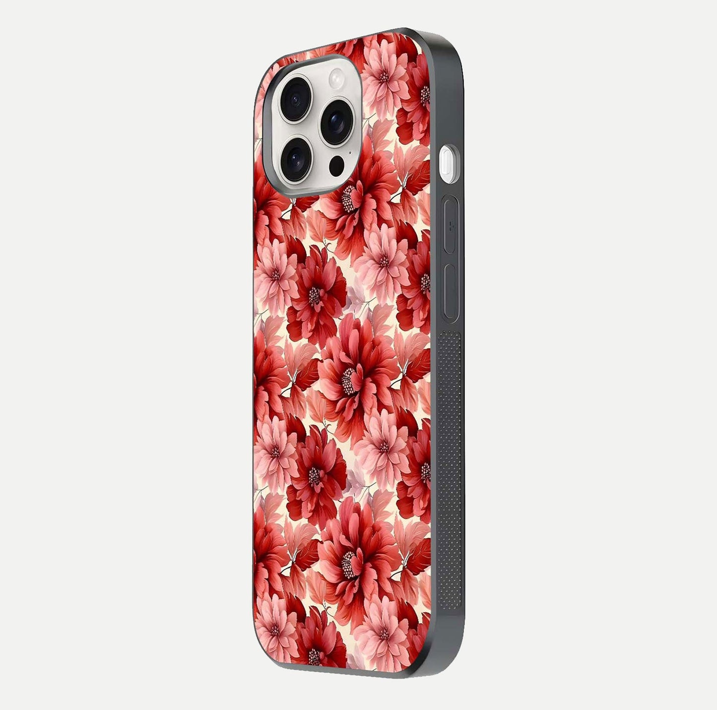 Crimson Love Petals Glass Case for iPhone 15 Pro Max side-angle photo showing reflection glow and edge clarity