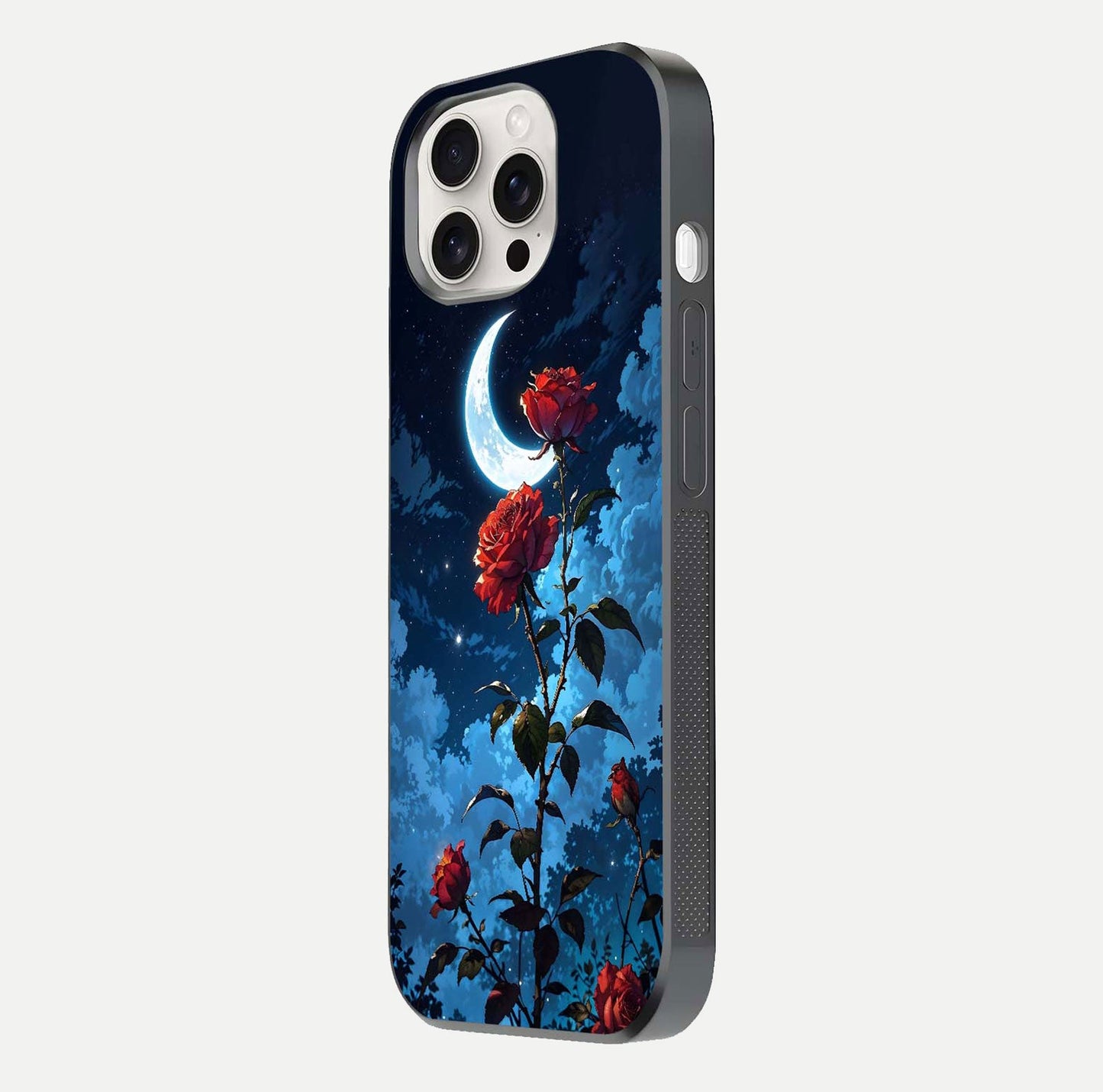 Crimson Rose Moon Glass Case for iPhone 15 Pro Max side-angle photo showing reflective texture and smooth curve