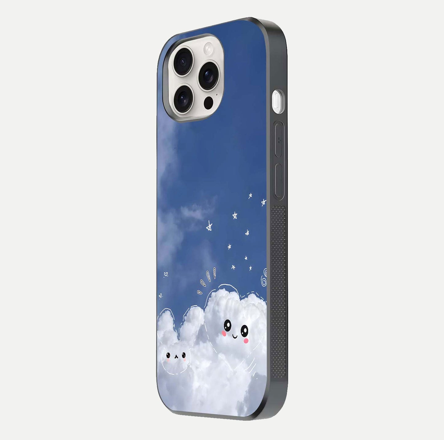 Cute Blossom Cloud Glass Case for iPhone 15 Pro Max side-angle image capturing gloss texture and curve reflection