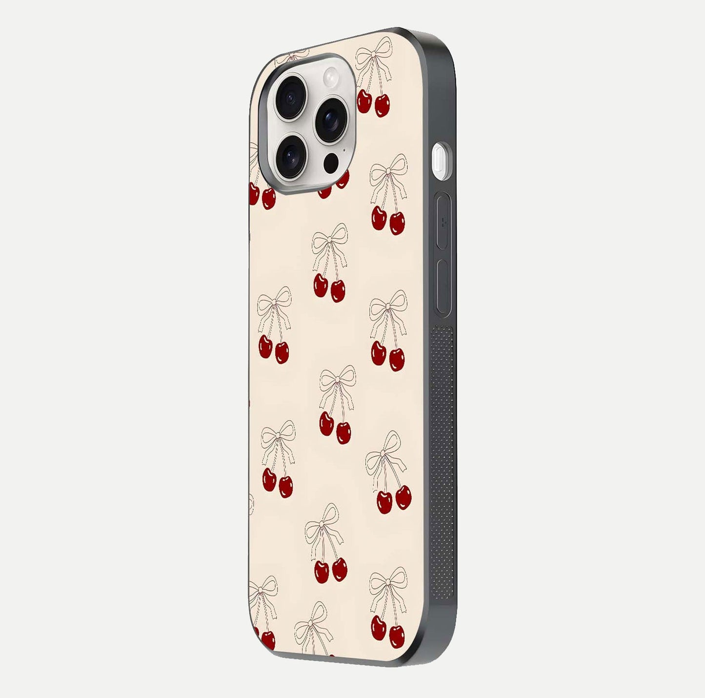 Cute Cherry Pattern Glass Case for iPhone 15 Pro Max side-angle photo highlighting gloss curve and pattern clarity