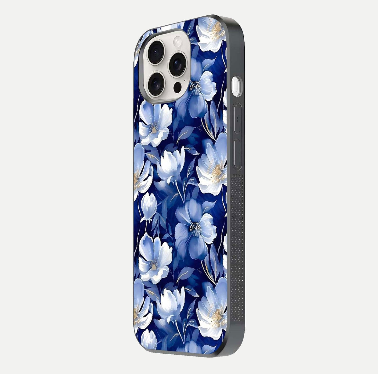 Cute Floral Patterns Glass Case for iPhone 15 Pro Max side-angle image showing polished surface and gloss tone