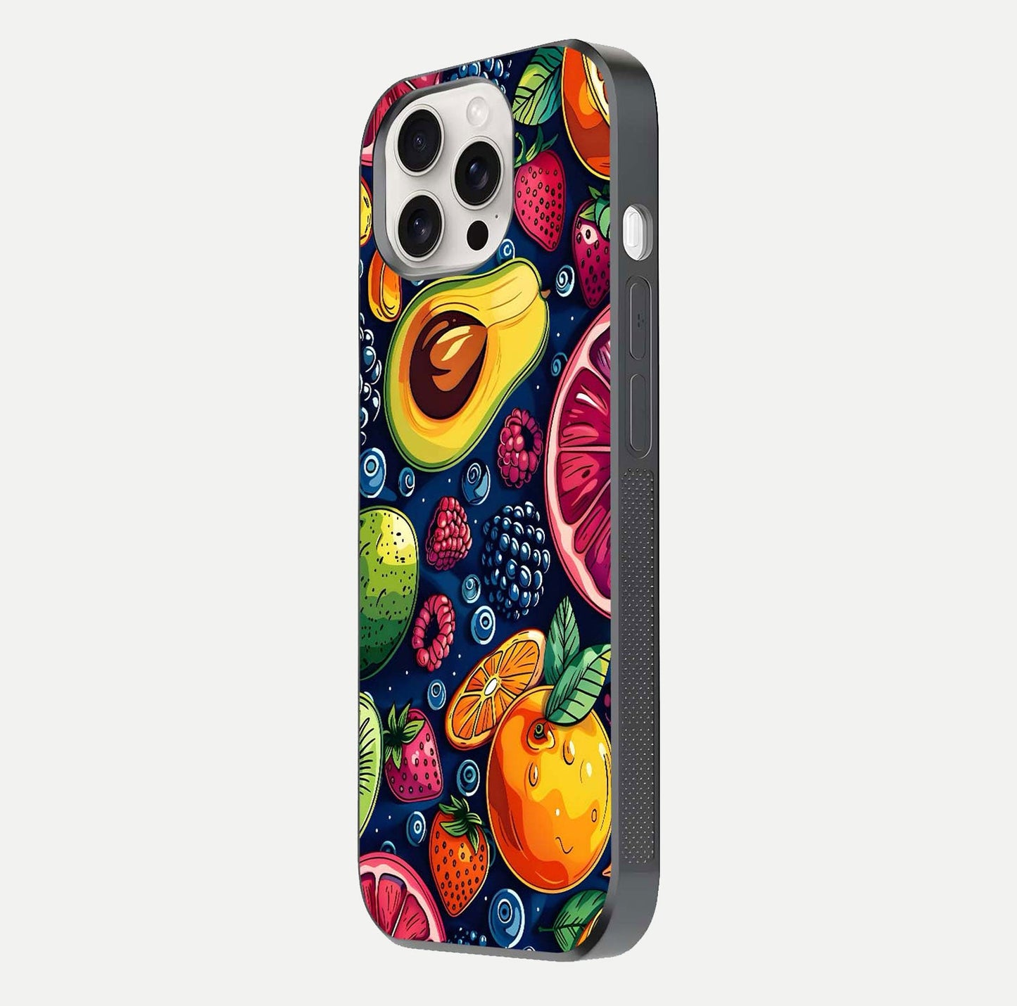 Cute Fruits Art Glass Case for iPhone 15 Pro Max side-angle photo showing reflective finish and smooth edges