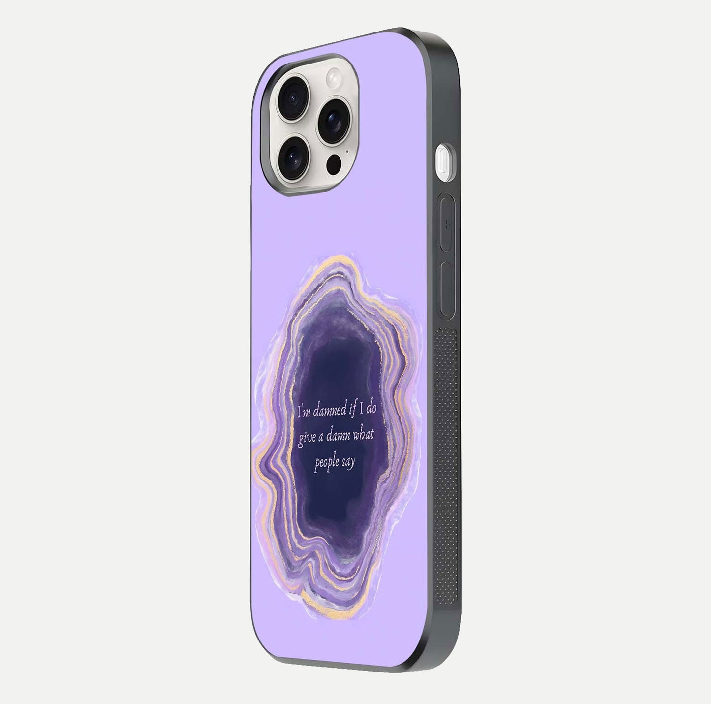 Damned People Quote Glass Case for iPhone 15 Pro Max side-angle image showing light shine and smooth edges