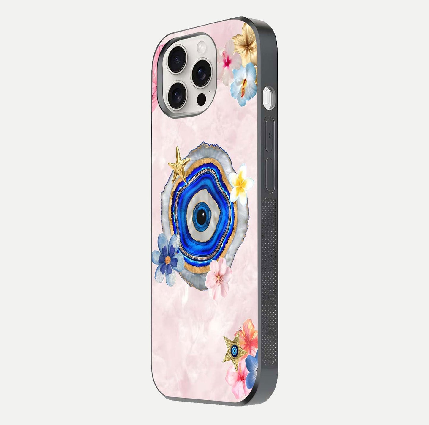 Divine Aura Bloom Glass Case for iPhone 15 Pro Max side-angle photo capturing reflection glow and premium polish