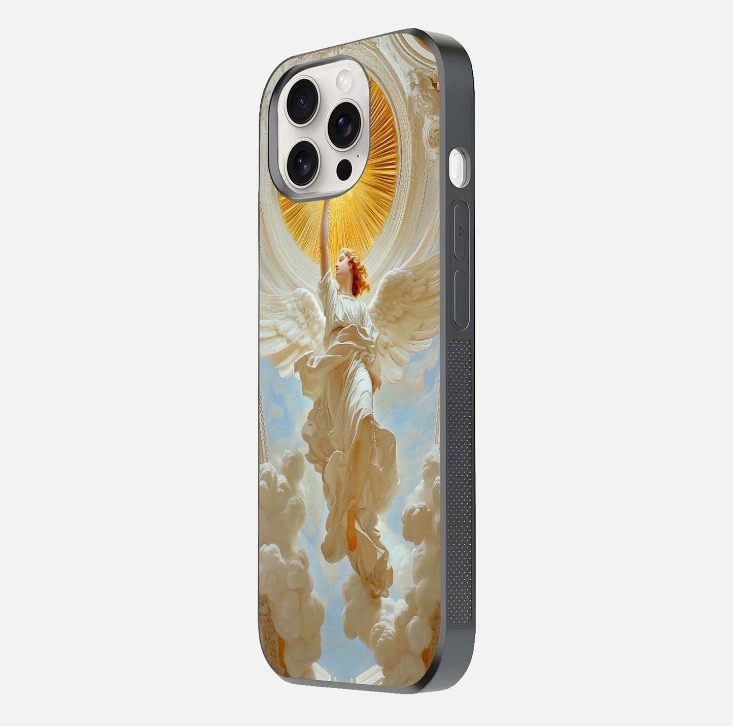 Divine Light Angel Glass Case for iPhone 15 Pro Max side-angle image capturing reflection shine and edge finish
