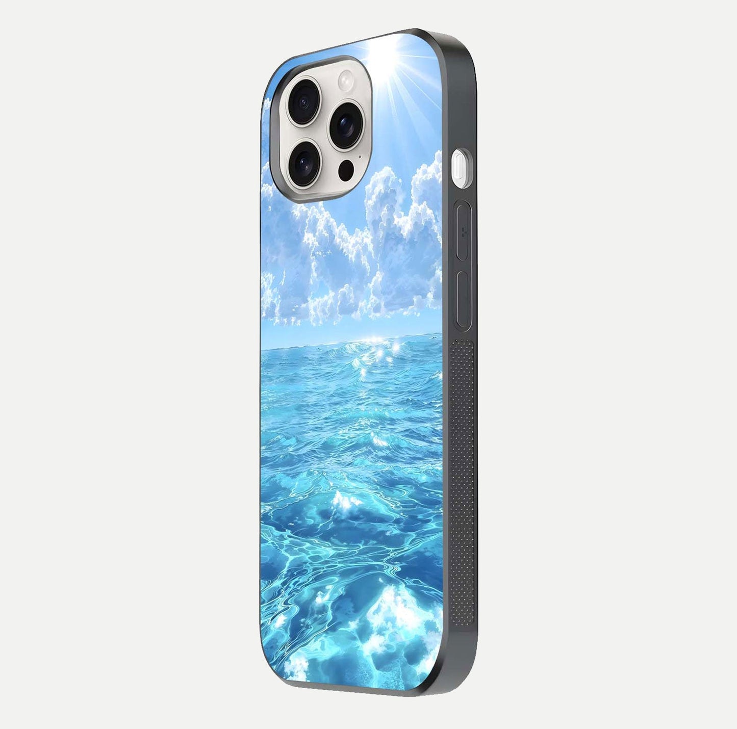Endless Ocean Horizon Glass Case for iPhone 15 Pro Max side-angle photo showing reflection glow and wave tone