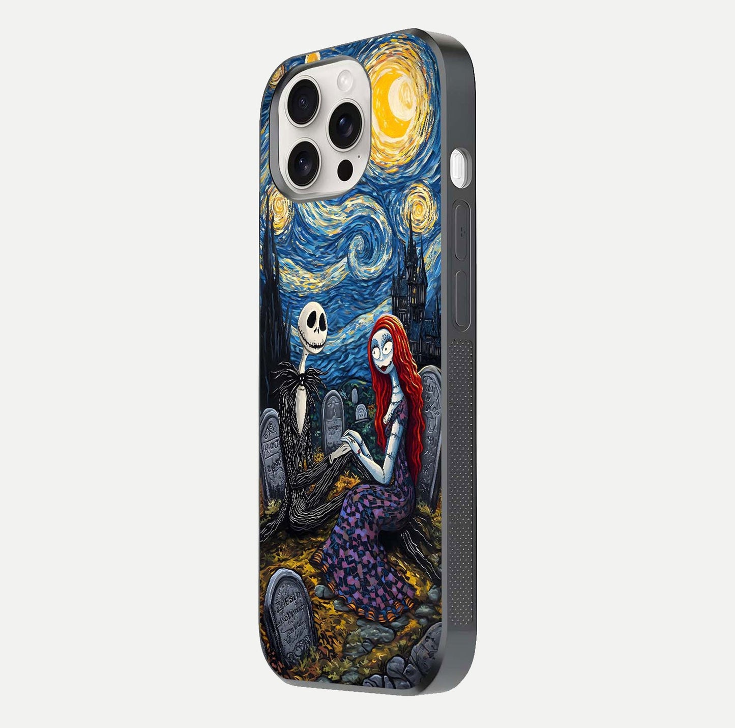 Eternal Night Love Glass Case for iPhone 15 Pro Max side-angle photo showing edge shine and soft reflection