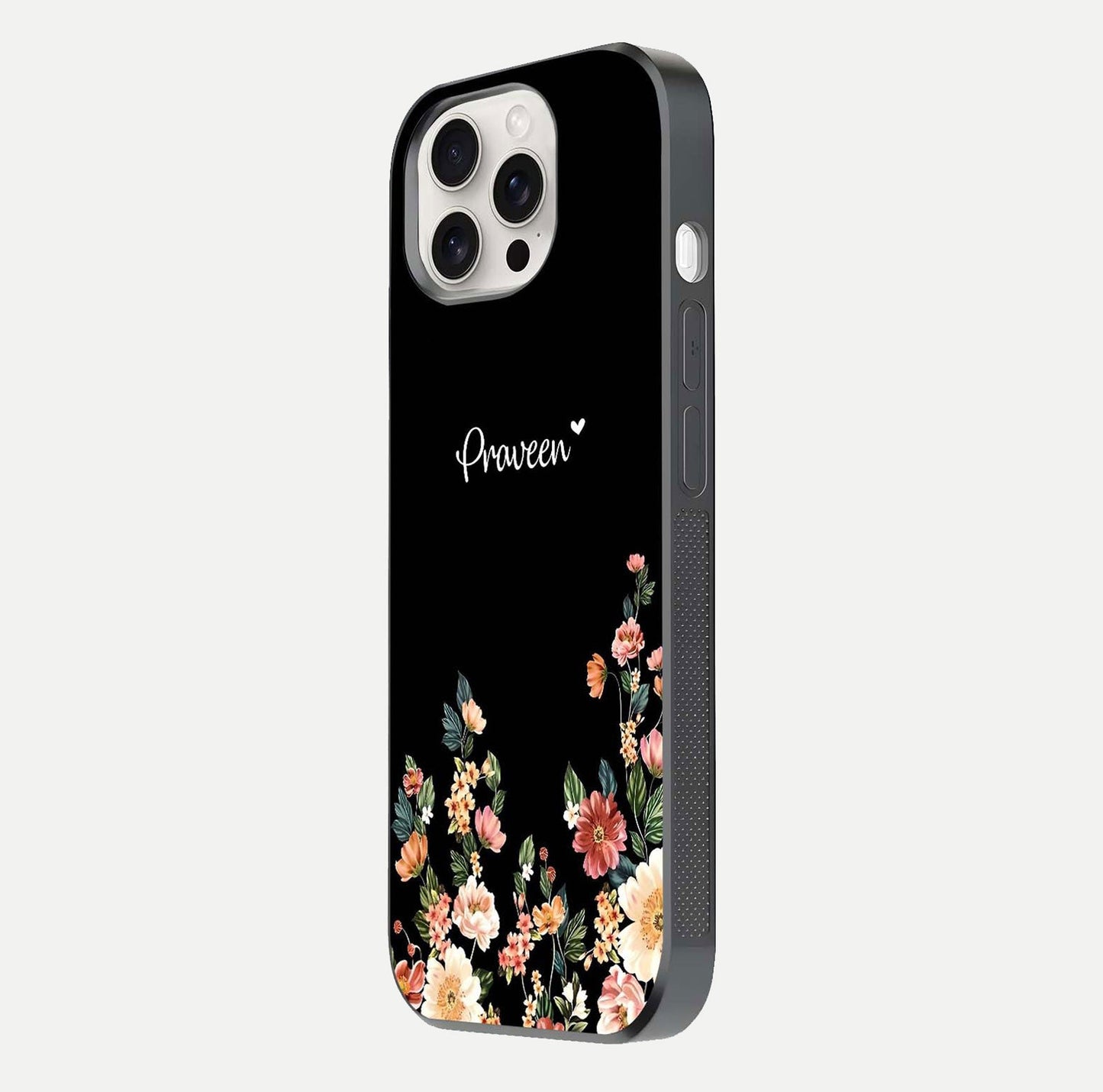 Floral Design Personalized Custom Name Glass Case for iPhone 15 Pro Max side-angle image showing name alignment and gloss shine