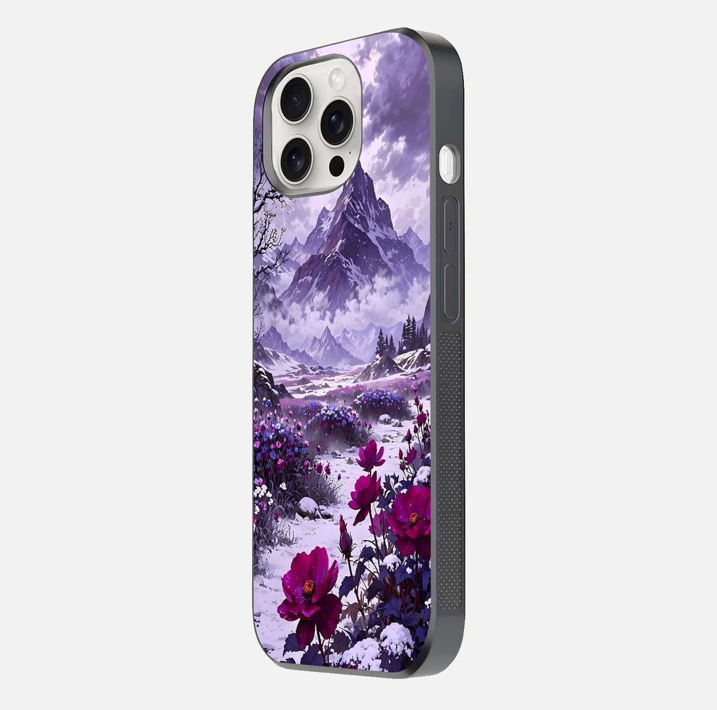 Flower Mountain View Glass Case for iPhone 15 Pro Max side-angle image showing gloss polish and smooth edge