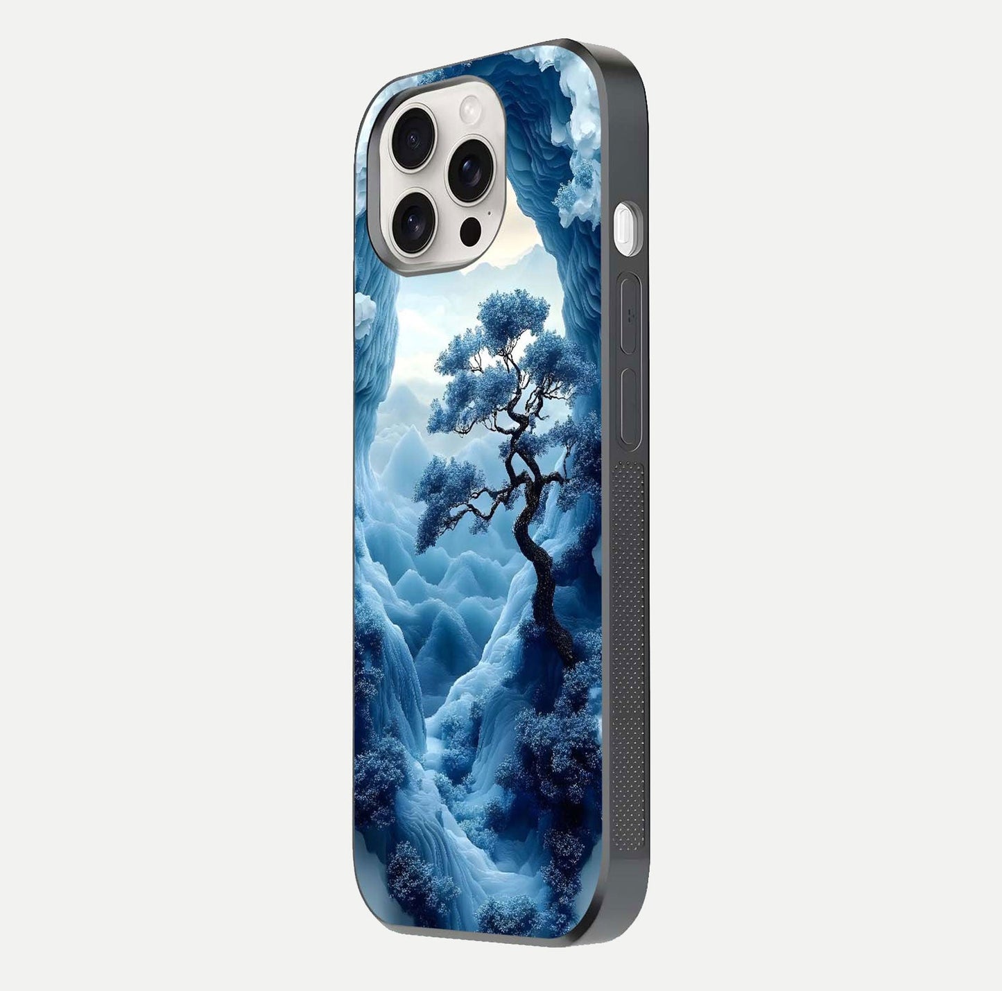 Frozen Serenity Gate Glass Case for iPhone 15 Pro Max side-angle photo showing reflective surface and cold tones