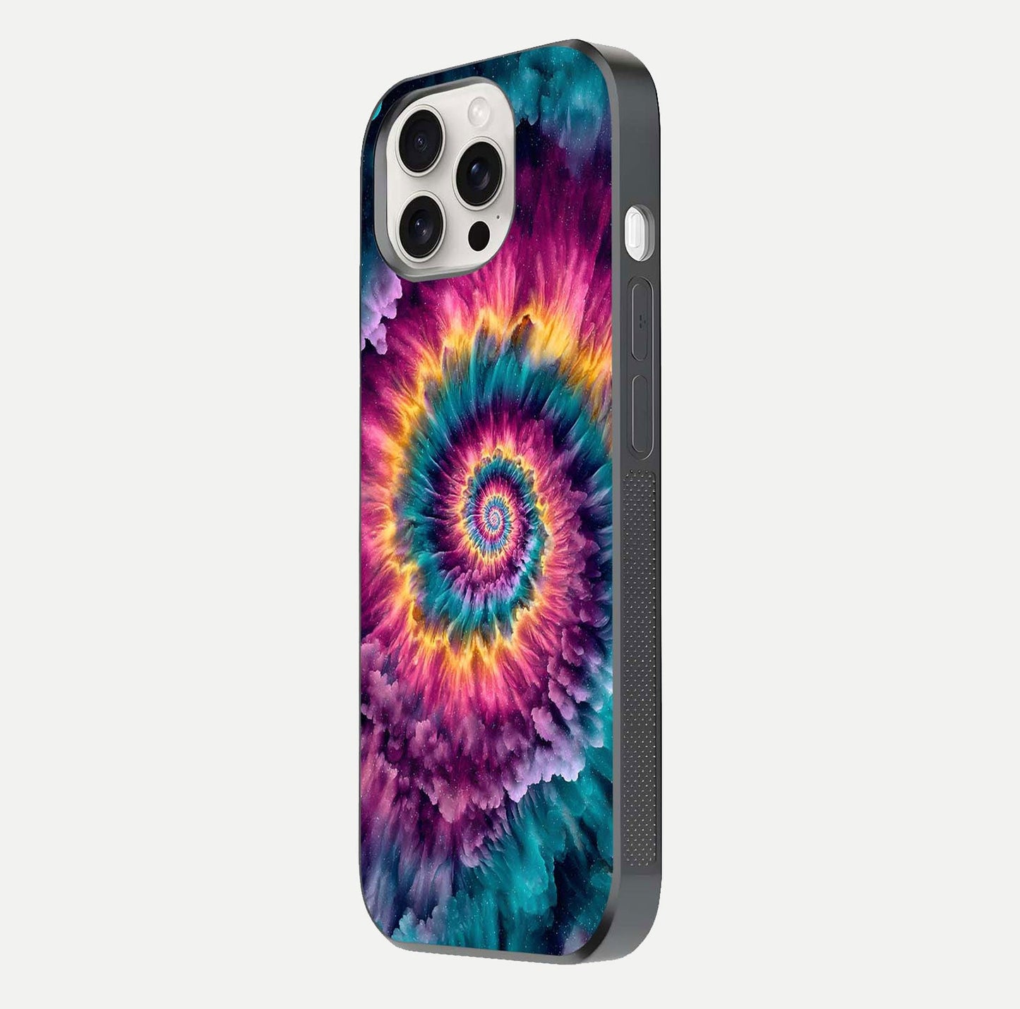 Galactic Spiral Burst Glass Case for iPhone 15 Pro Max side-angle image showing reflection clarity and vivid galactic texture
