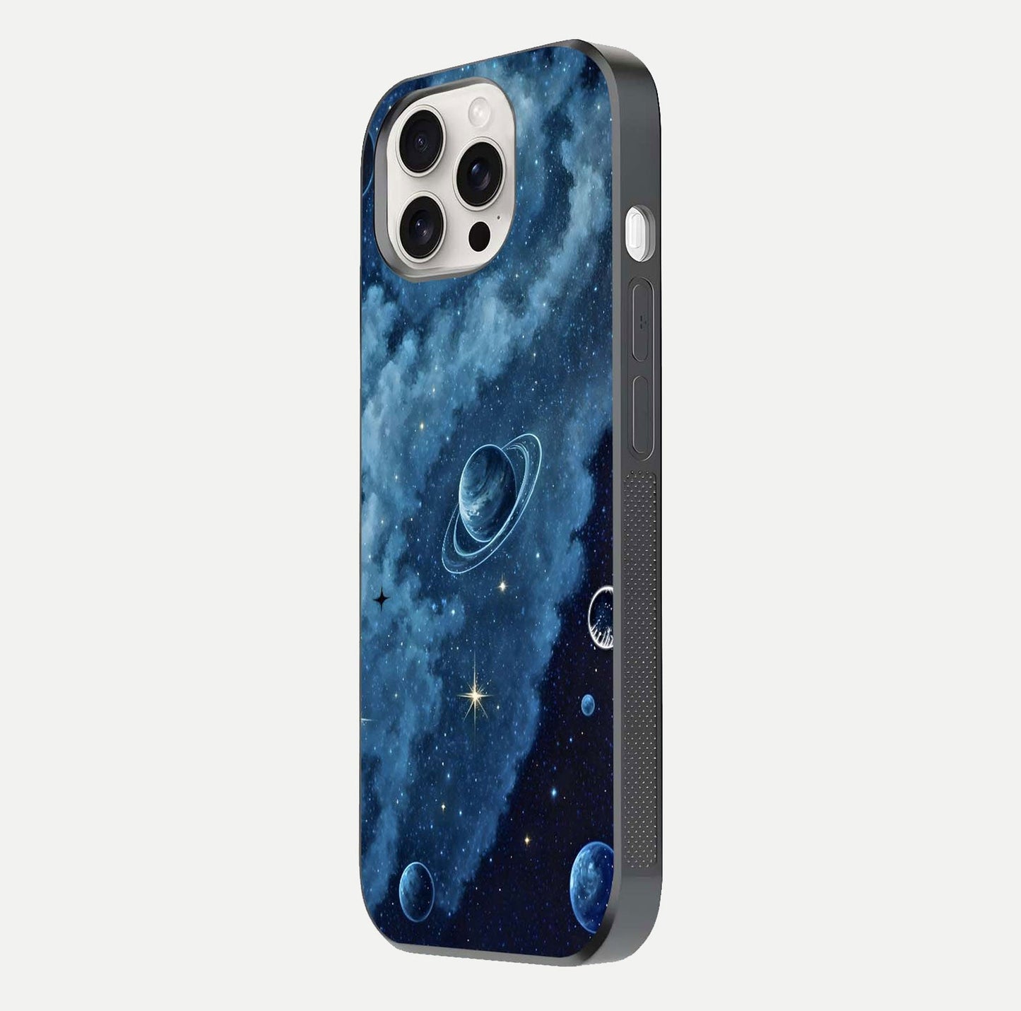 Galaxy Dream Space Glass Case for iPhone 15 Pro Max side-angle image capturing reflection clarity and galactic texture